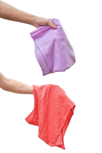Male hand holding cloth wipe isolated on white background with clipping path. - Photo, Image