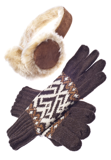 ファジィ冬のイヤーマフと茶色の手袋 - 写真・画像