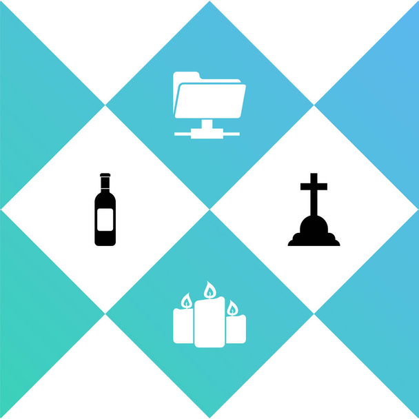 Set Bottle of wine, Burning candles, FTP folder and Tombstone with cross icon. Vector. - Vector, Image