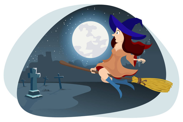 Halloween witch flying on broom vector illustration. - Vector, Image