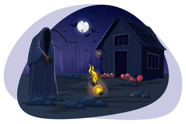 Halloween ghost standing near house vector illustration. - Vektor, obrázek