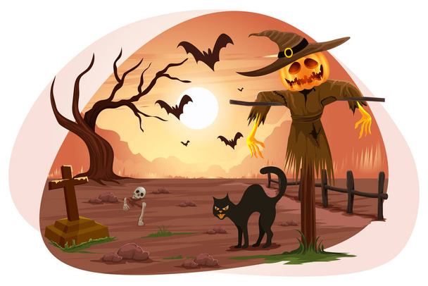 Halloween scary pumpkin face man in graveyard vector illustration. - Vektor, obrázek