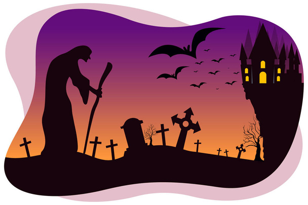 Halloween haunted witch walking in graveyard vector illustration - Vektor, obrázek