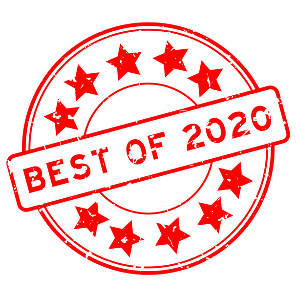 Grunge kırmızı en iyi 2020 kelime yıldız simgesi yuvarlak lastik mühür beyaz arka planda - Vektör, Görsel