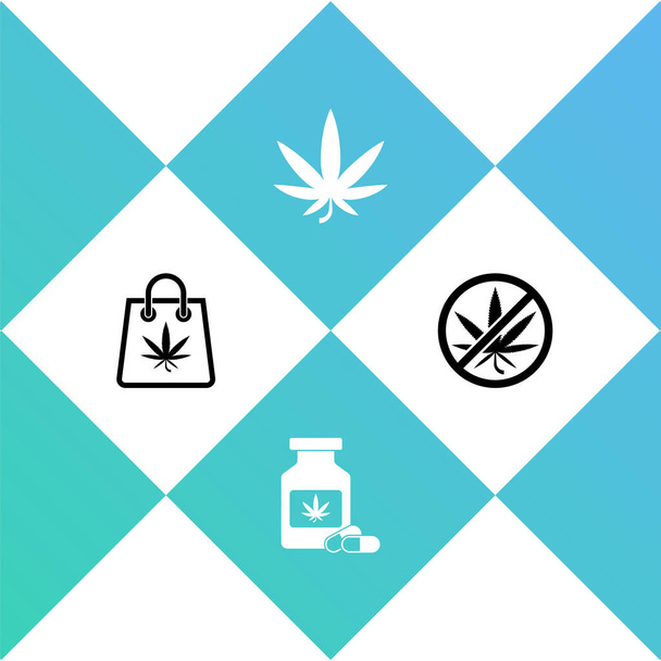Bevásárlótáska marihuána, orvosi palack, marihuána vagy cannabis levél és Stop ikon. Vektor. - Vektor, kép