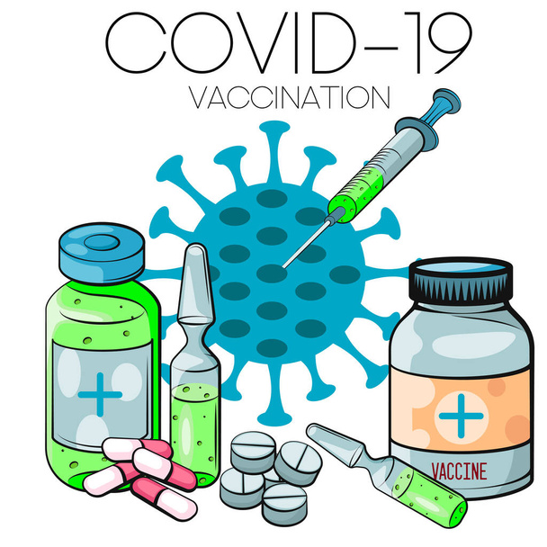 Impfkonzept. Coronavirus Covid-19 Impfstoff. Ampulle, Spritze mit Impfstoff. Vektorillustration. Flache Karikatur.  - Vektor, Bild