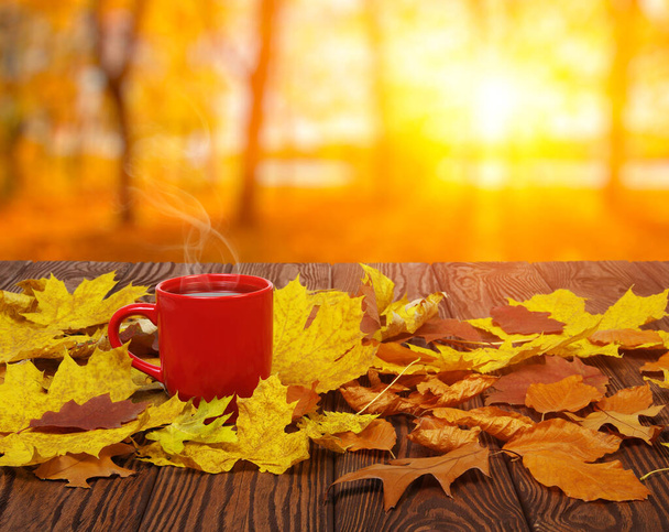 Autumn leaves and hot steaming cup of coffee. Wooden table on sun light background. Fall time concept. - Photo, Image