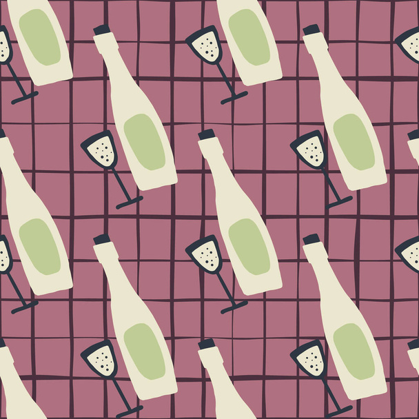 Abstraktes, nahtloses Muster mit Weinflaschen und Gläsern. Doodle einfachen Druck in hellen und grünen Tönen auf rosa karierten Hintergrund. Für Tapeten, Textilien, Verpackung, Stoffdruck. Vektorillustration - Vektor, Bild