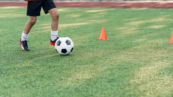 Soccer player kicking ball on field. Soccer players on training session. Close up footballer feet kicking ball on grass. - Foto, Imagen