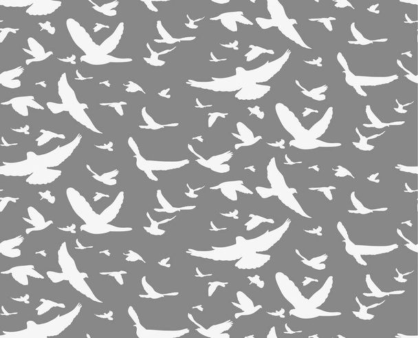 Illustrazione, vettore, sfondo silhouette astratta con uccelli volanti, grigio senza cuciture - Vettoriali, immagini