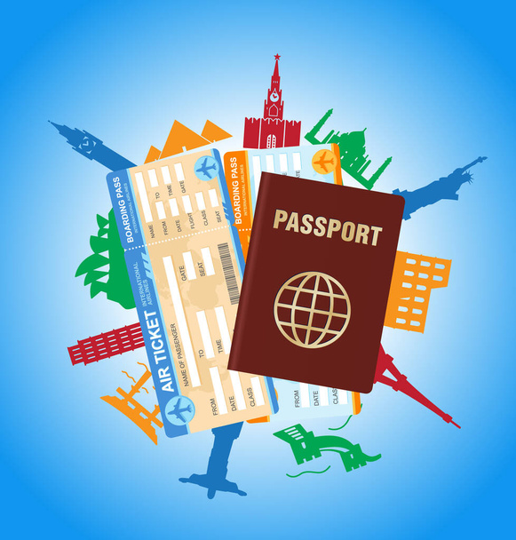 Flight ticket and passport over world famous sights - Vector, Image