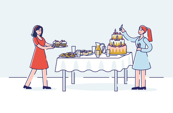 Birthday celebration preparation with two women serving holiday sweet table - big cake and cupcakes - Vector, Image