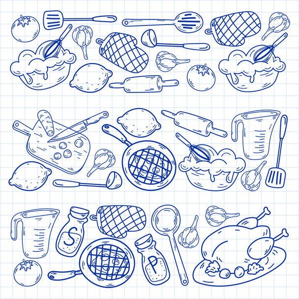 Vector sketch background with kitchen utensils, vegetables, cooking, products, kitchenware. Doodle elements. - Vector, imagen