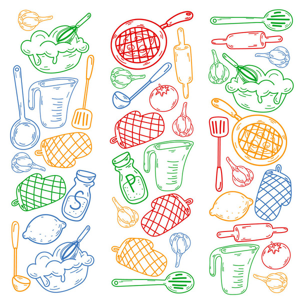Vector sketch background with kitchen utensils, vegetables, cooking, products, kitchenware. Doodle elements. - Vetor, Imagem