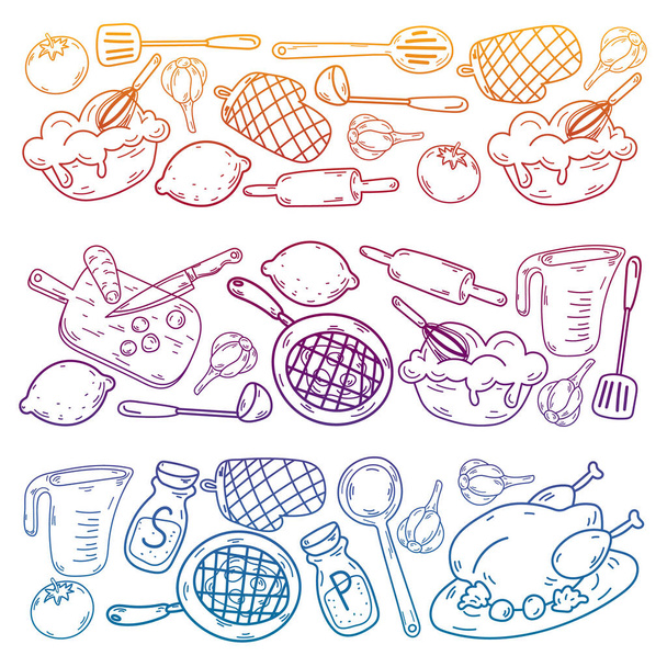 Vector sketch background with kitchen utensils, vegetables, cooking, products, kitchenware. Doodle elements. - ベクター画像