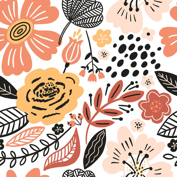 Vector floral seamless pattern white colors autumn. Flat flowers, petals, leaves with and doodle elements. Collage style botanical background for textile and surface. Cutout paper design. - ベクター画像