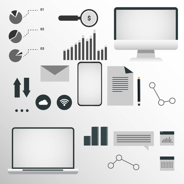 Illustration avec des ordinateurs, téléphone et icônes Web sur fond gris - Vecteur, image