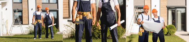 Koláž stavitelů v uniformě držících půdorys a lihoviny venku - Fotografie, Obrázek