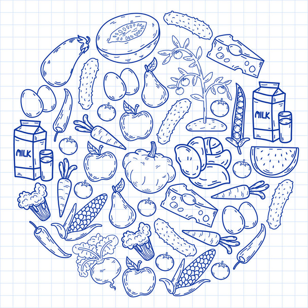 Vector pattern. Healthy eco organic food. Vegetables, fruits, dairy, milk. Linear graphic. - ベクター画像