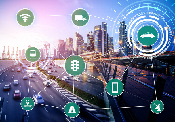 Smart transport technologie concept voor toekomstig autoverkeer op de weg. Virtueel intelligent systeem maakt digitale informatie-analyse om gegevens van het voertuig te verbinden op straat. Futuristische innovatie . - Foto, afbeelding