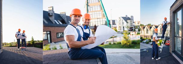 Collage of builders holding blueprint while working on roof of house  - Photo, Image