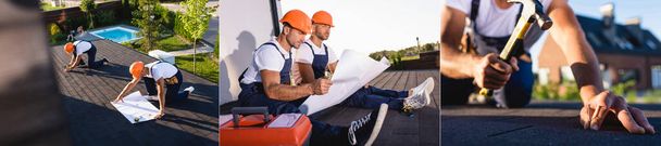 Колаж будівельників, що дивиться на креслення і ремонт даху будівлі
  - Фото, зображення