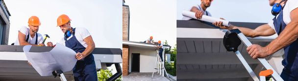 Colagem de construtores com planta, martelo e escada trabalhando no telhado do edifício  - Foto, Imagem