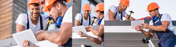 Collage de constructores en uniforme usando tableta digital mientras se trabaja en el techo del edificio  - Foto, imagen