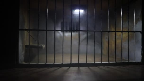 imágenes de cerca de la jaula de la cárcel de juguetes en miniatura bajo luz mística - Metraje, vídeo
