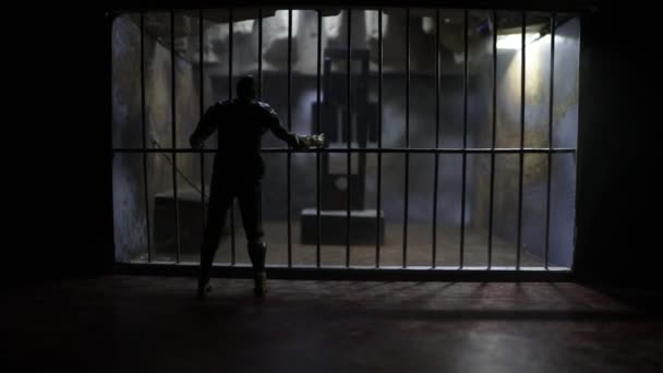 imagens de close-up de gaiola de prisão de brinquedo em miniatura sob luz mística - Filmagem, Vídeo