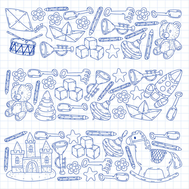 Icons for little boys and girls. Hand drawn children drawings pattern. Kindergarten toys background. Vector illustration. - Vetor, Imagem