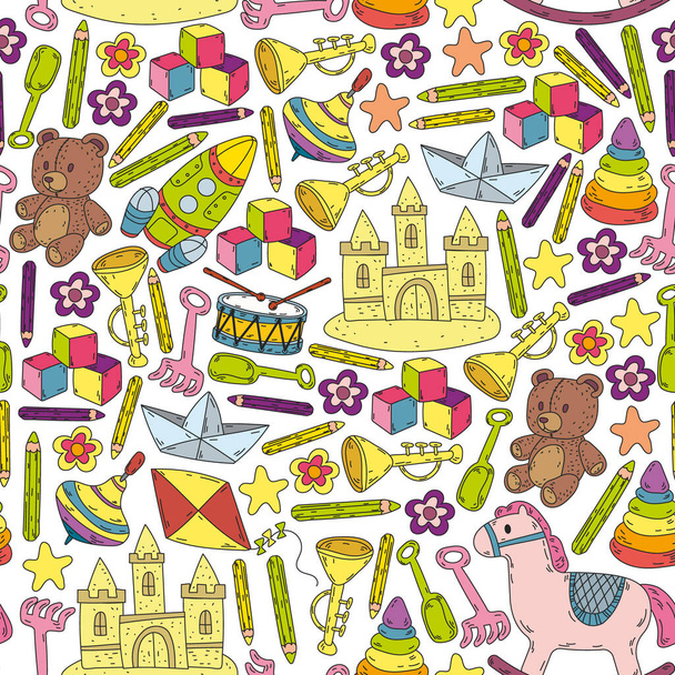 Icons for little boys and girls. Hand drawn children drawings pattern. Kindergarten toys background. Vector illustration. - Vektor, kép