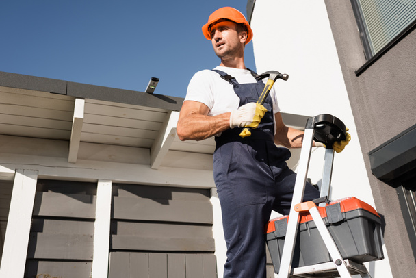 Bauarbeiter in Overalls und Handschuhen hält Hammer neben Werkzeugkiste auf Leiter und Gebäude  - Foto, Bild