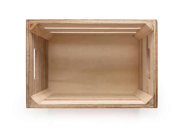 Scatola di legno vuota, isolata dallo sfondo bianco. vista dall'alto - Foto, immagini