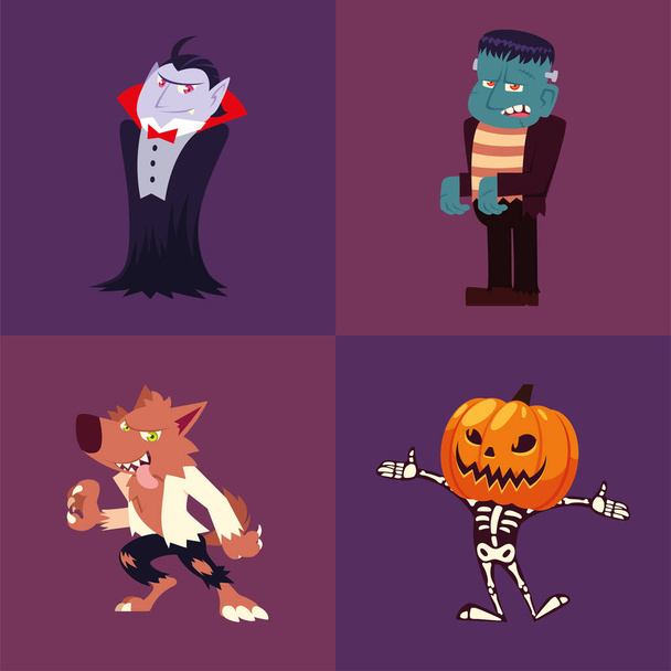 set iconen halloween met vampier, frankenstein, weerwolf, pompoen en skelet - Vector, afbeelding