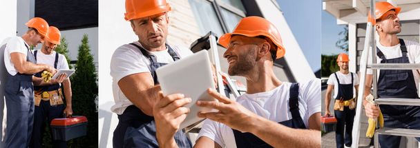 Colagem de construtores usando tablet digital e trabalhando em escada perto do edifício  - Foto, Imagem