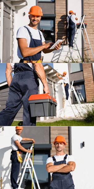 Collage of builders with digital tablet and toolbox working near building  - Photo, Image