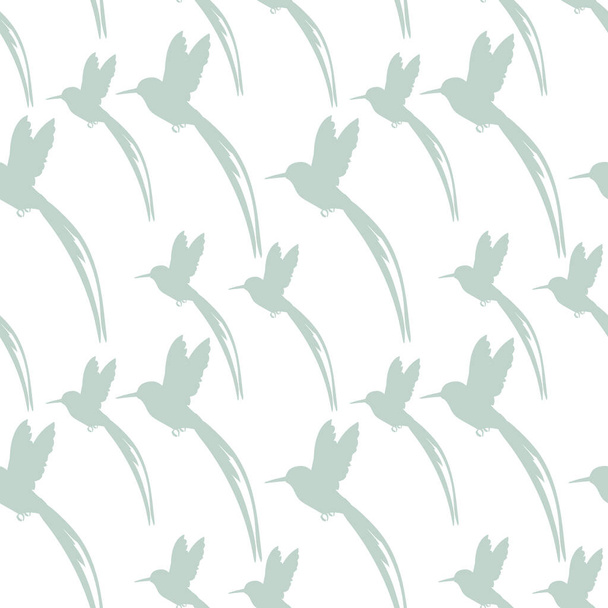 Seamless pattern with small flying birds of paradise hummingbirds on a white background. Design for fabric, clothing, bedding, wrapping paper. - Wektor, obraz