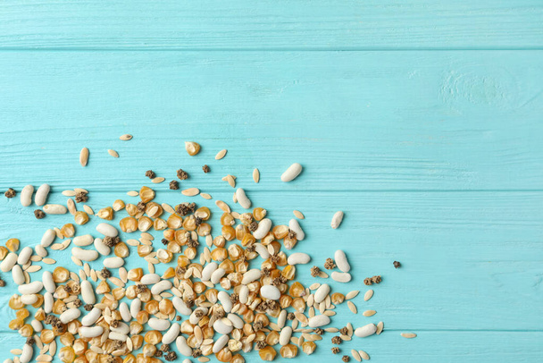 Mixed vegetable seeds on light blue wooden background, flat lay. Space for text - Fotografie, Obrázek