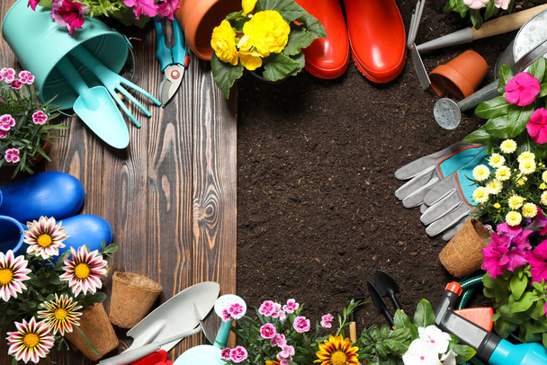 Flat lay composition with gardening tools and flowers on soil, space for text - Foto, Bild