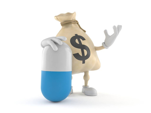 Dollar Money Bag Charakter mit Pille isoliert auf weißem Hintergrund. 3D-Illustration - Foto, Bild