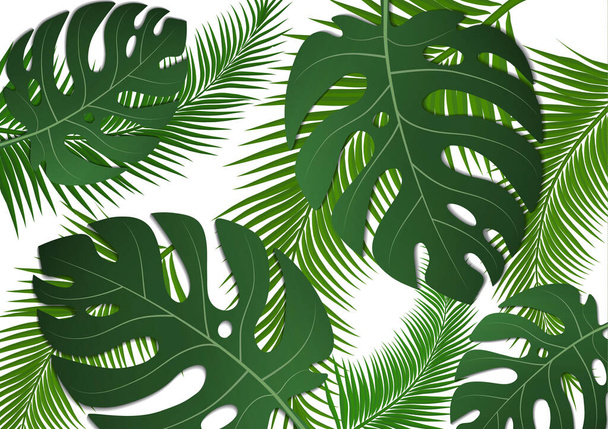 Tropical bright flyer, leaflet with monster leaves and palm trees. Exotic tropical trendy print. Invitation to a party in an exotic style. Vector illustration. - Vector, afbeelding