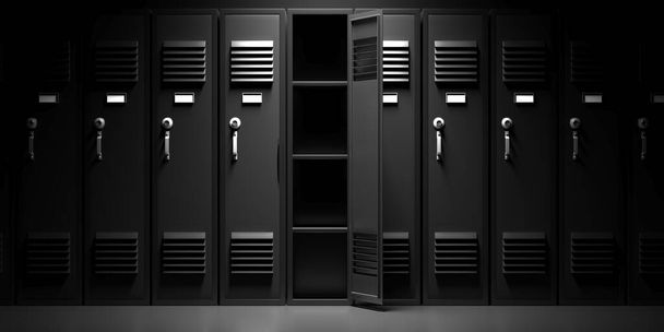 Escola, armários de ginástica, uma porta aberta vazia. Estudantes armários de armazenamento, cor preta, portas metálicas fechadas com fechaduras combinação em fundo de chão de cor cinza. ilustração 3d - Foto, Imagem
