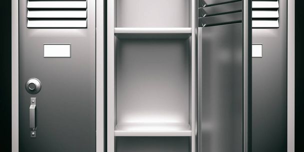 Шкільна, тренажерна шафка порожні відкриті двері. Студентська шафа для зберігання, сірий срібний колір з комбінованим замком і чиста біла мітка. 3d ілюстрація
 - Фото, зображення
