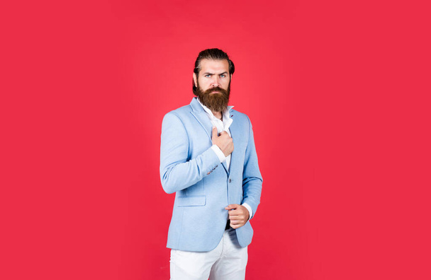bearded stylish businessman. Handsome confident man with perfect hairstyle. fashion model wear jacket. serious brutal bearded man. Confident and successful. stylish man - Foto, immagini