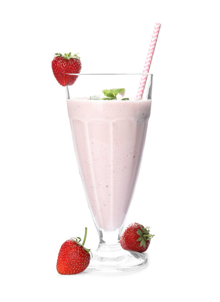 Tasty fresh milk shake and strawberries on white background - Фото, изображение