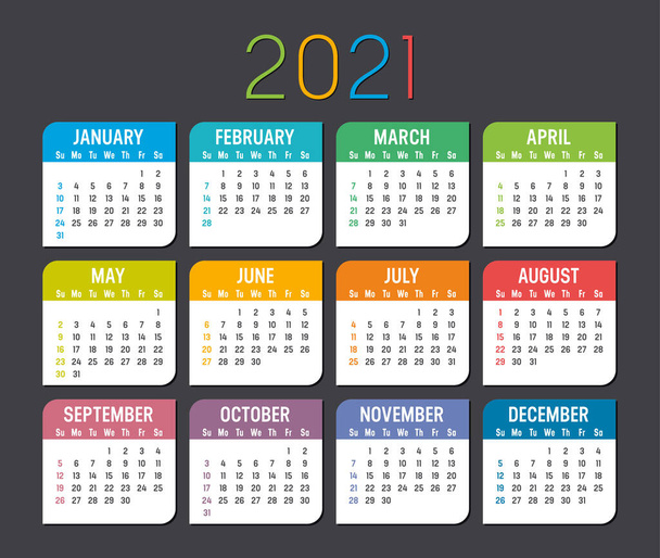 Año colorido 2021 calendario aislado sobre un fondo oscuro - Vector, imagen