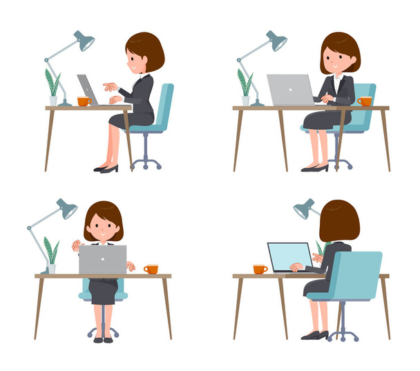 Een set vrouwen die aan een bureau aan een computer werken.De hoeken zijn van voor, zijkant, rug en diagonaal.Het is vectorkunst, dus het is gemakkelijk te bewerken. - Vector, afbeelding