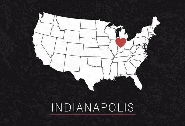 インディアナポリスが好き。ハートをシティポイントとするアメリカ合衆国の地図。ベクターイラスト - ベクター画像