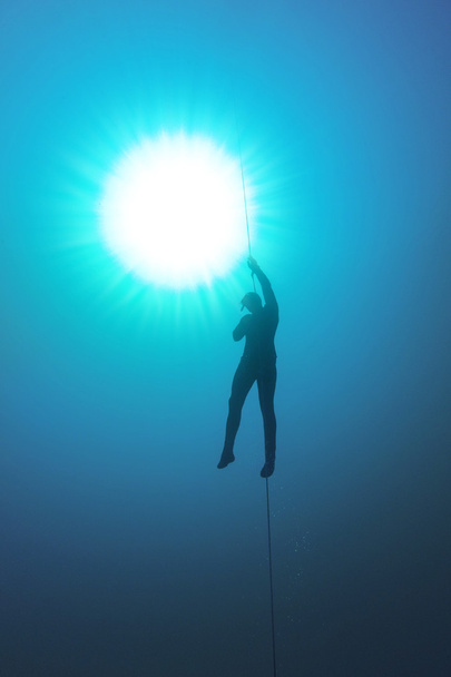 Freediver segurando uma corda na água
 - Foto, Imagem